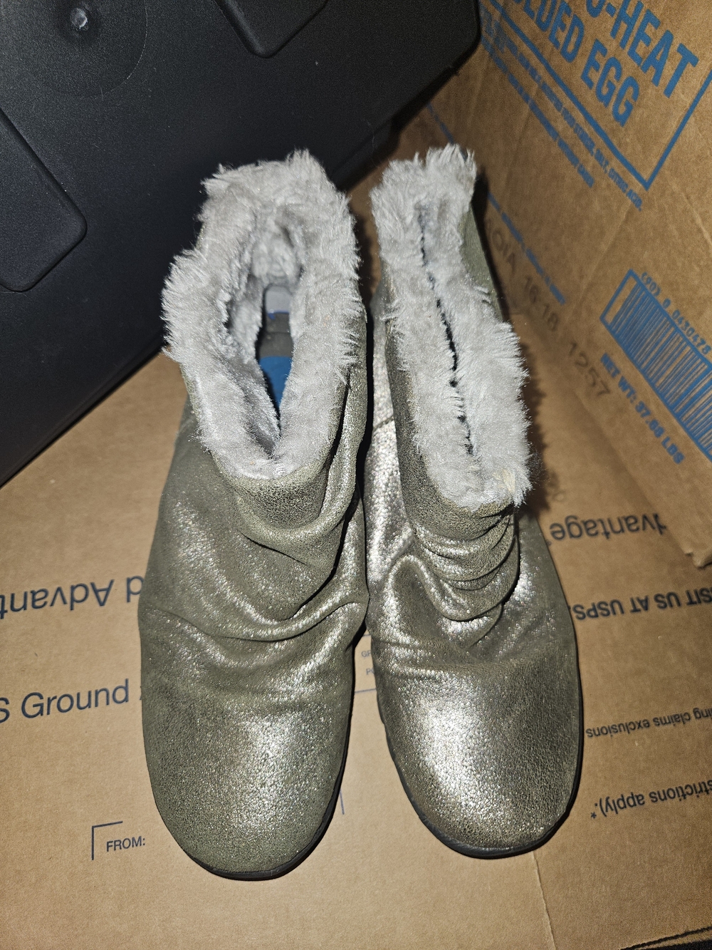 Womens Metallic Gray Fur-Lined Ankle Boots